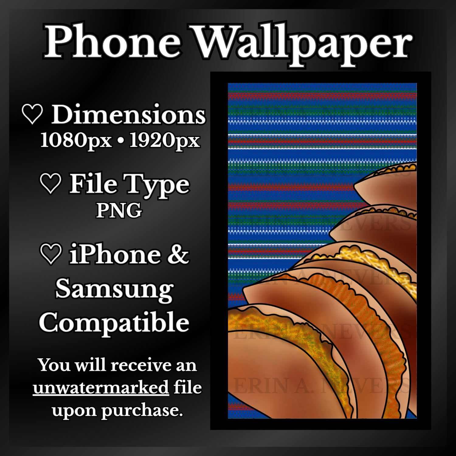 A product promotion thumbnail featuring a phone wallpaper with five tacos containing different fillings.