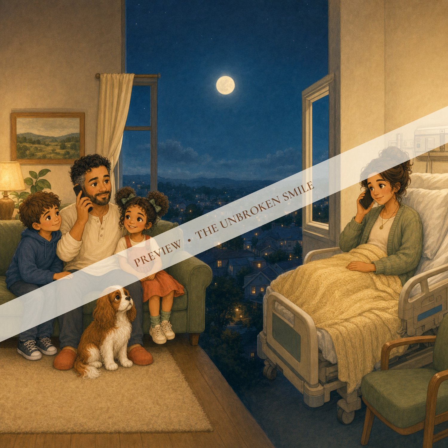 Watermarked illustrated story preview about Theo missing Mom and looking at the same moon