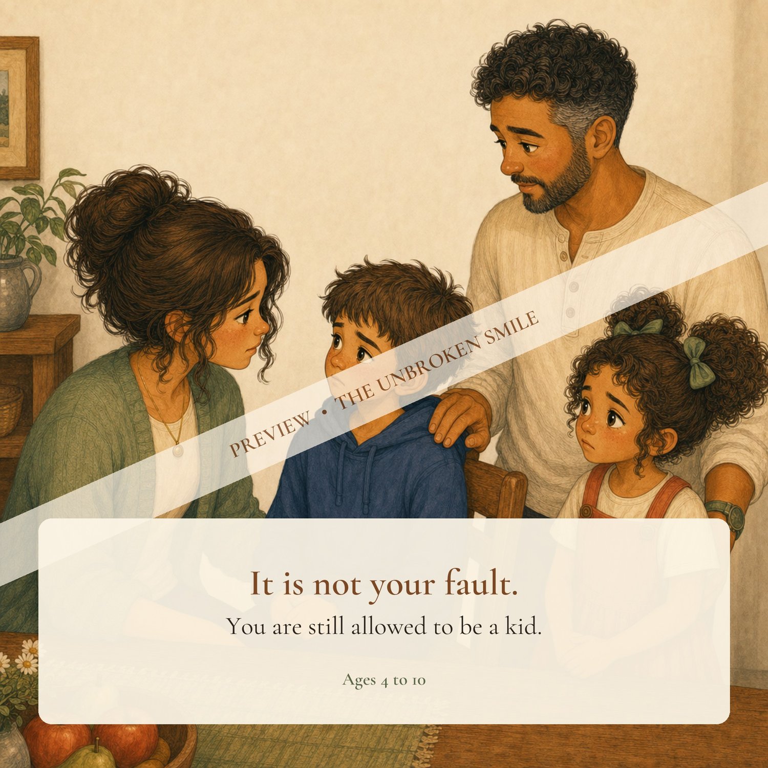 Watermarked story preview reminding a child that Mommy's hospital stay is not their fault