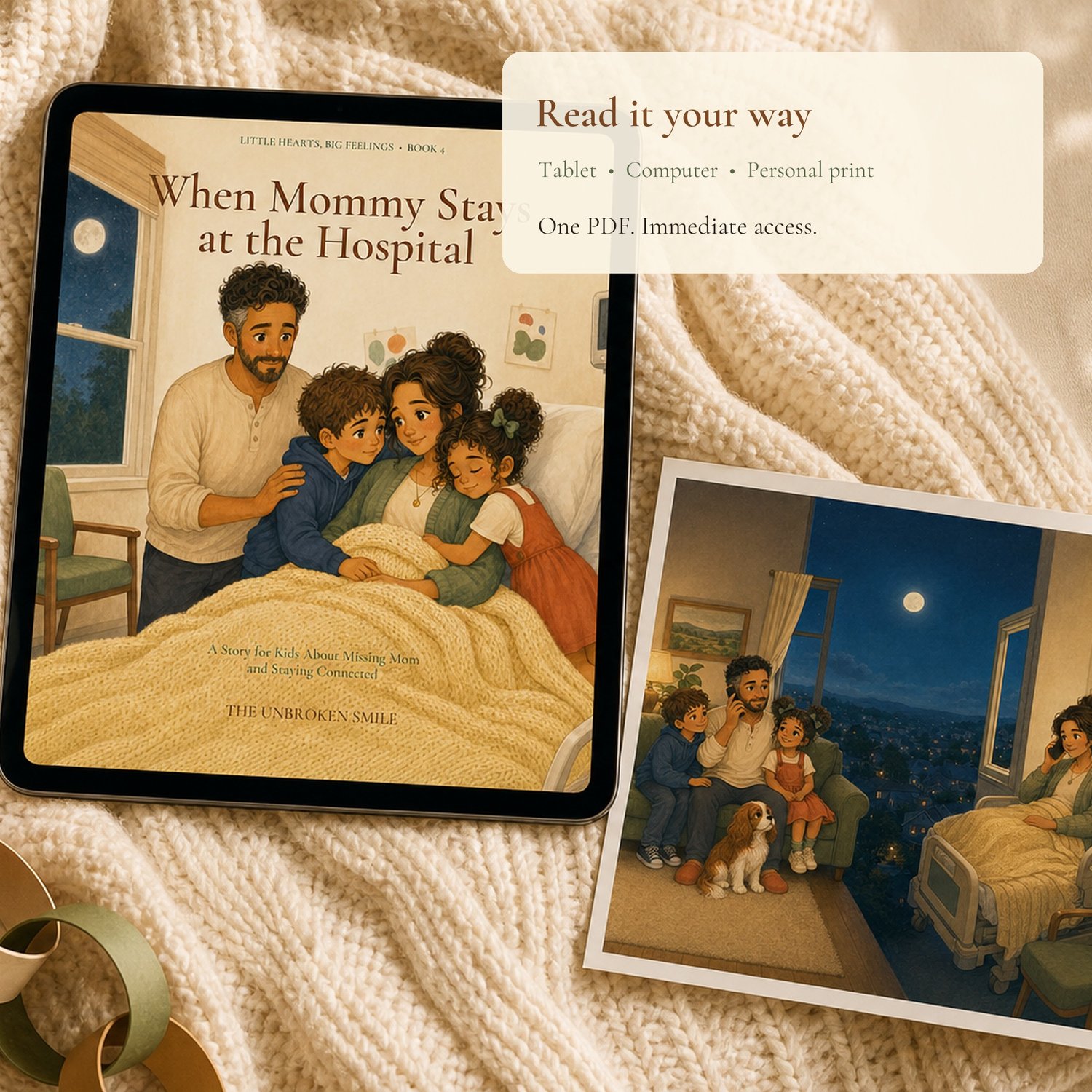 Reading options showing the children's book PDF on a screen and as printable pages