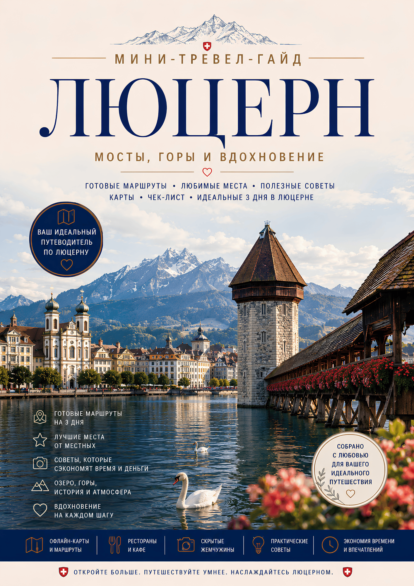 Обложка PDF-путеводителя по Люцерну с часовым мостом Капельбрюкке, Люцернским озером и главными достопримечательностями