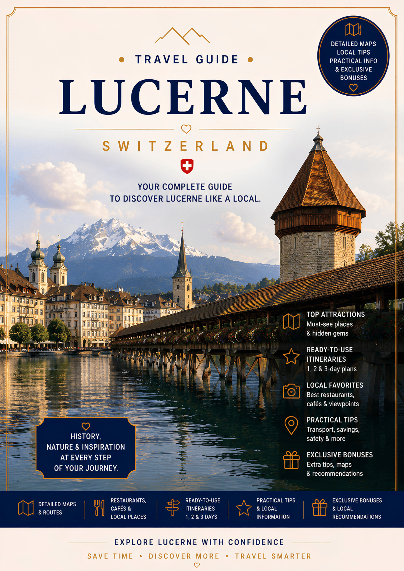 PDF travel guide cover for Lucerne, Switzerland featuring Chapel Bridge, Lake Lucerne and the city’s top attractions