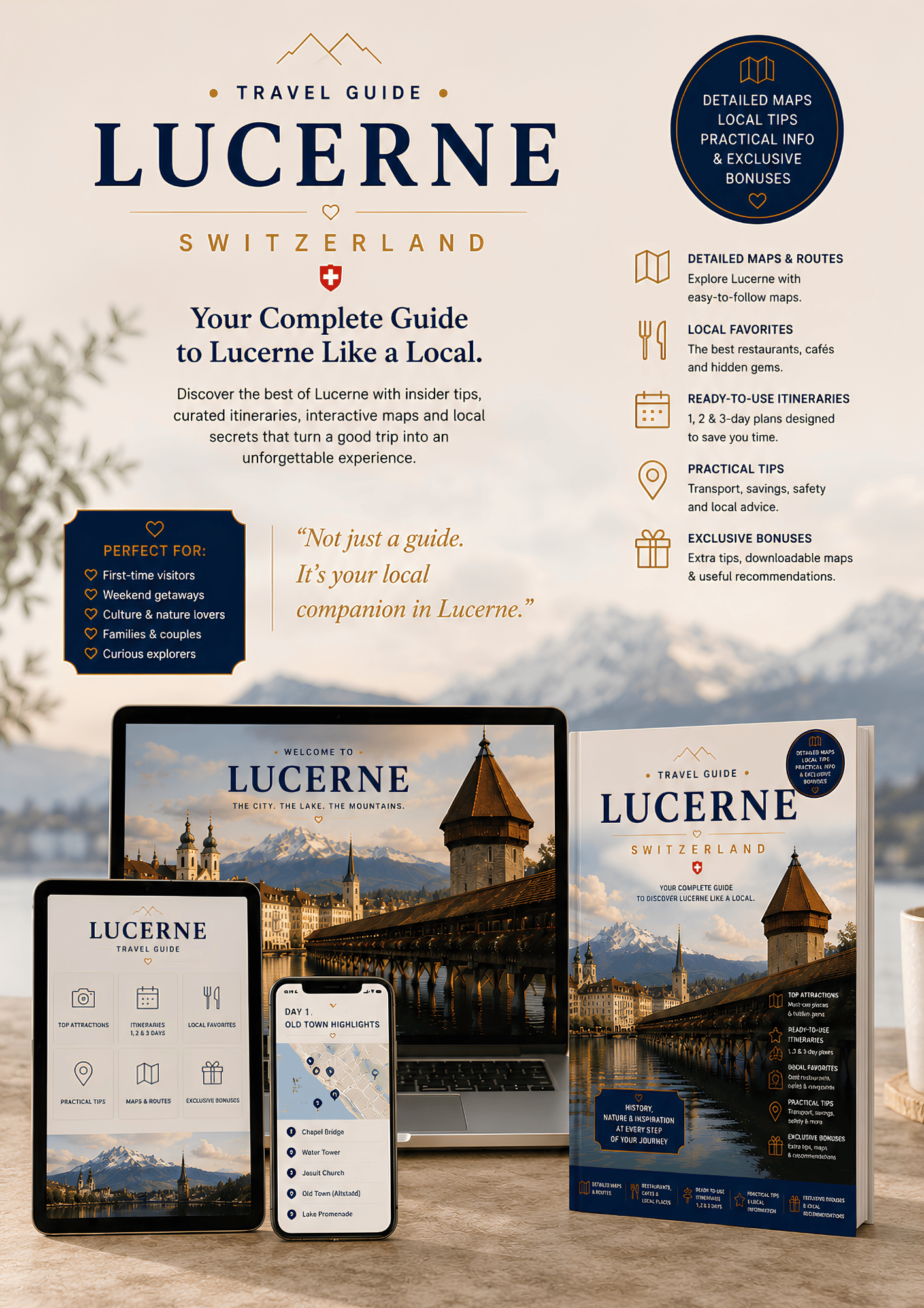 Lucerne travel guide displayed on laptop, tablet, smartphone and PDF book