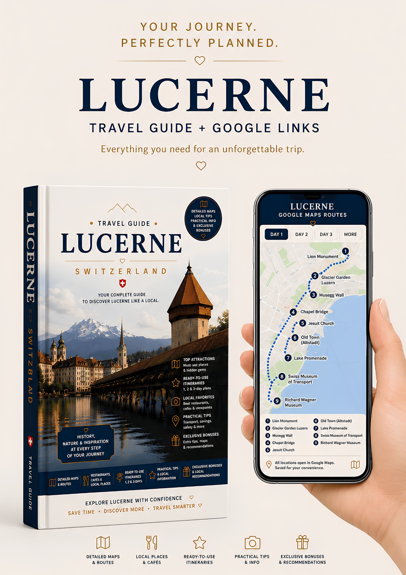 Interactive Lucerne travel guide with Google Maps on a smartphone