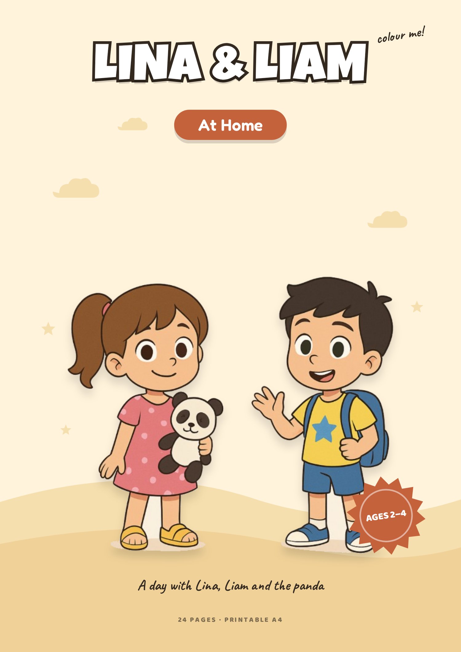 Lina & Liam kleurplatenboek - Een dag met Lina, Liam en de panda, printbaar kleurboek voor kinderen
