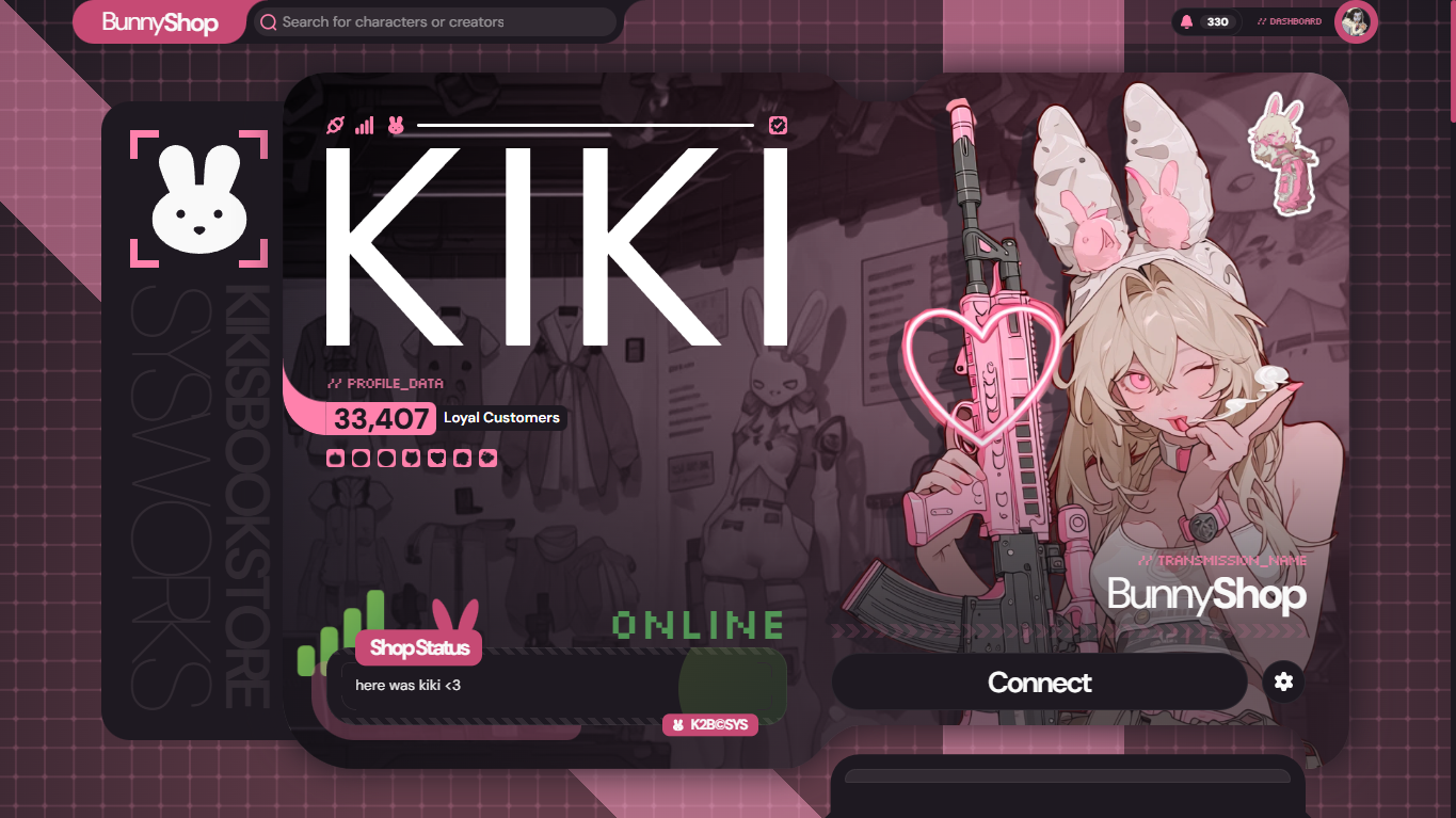 A customized front-page of a website. Stylized as a cyber-and-cute shop terminal.