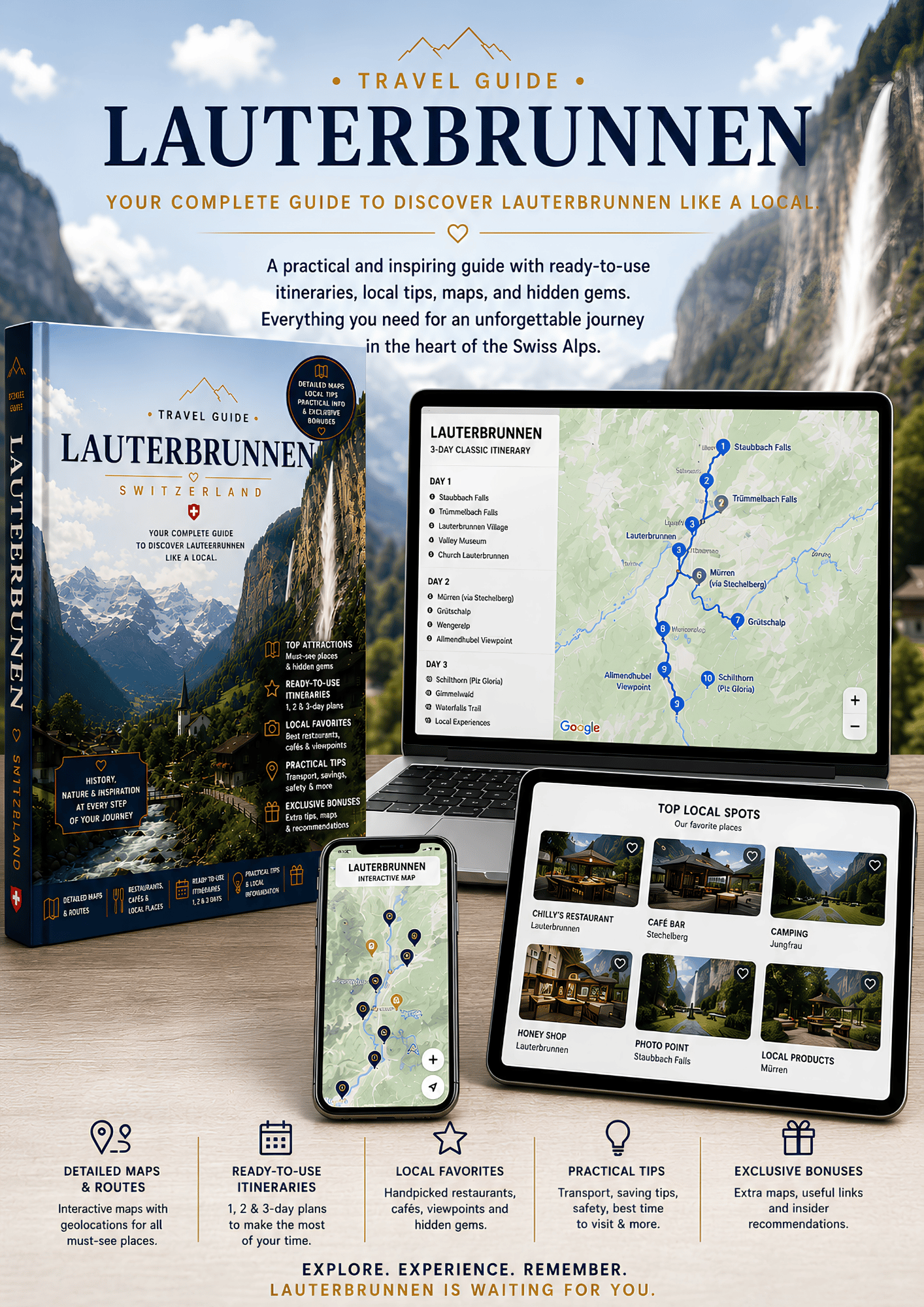 Lauterbrunnen travel guide displayed on laptop, tablet, smartphone and PDF book