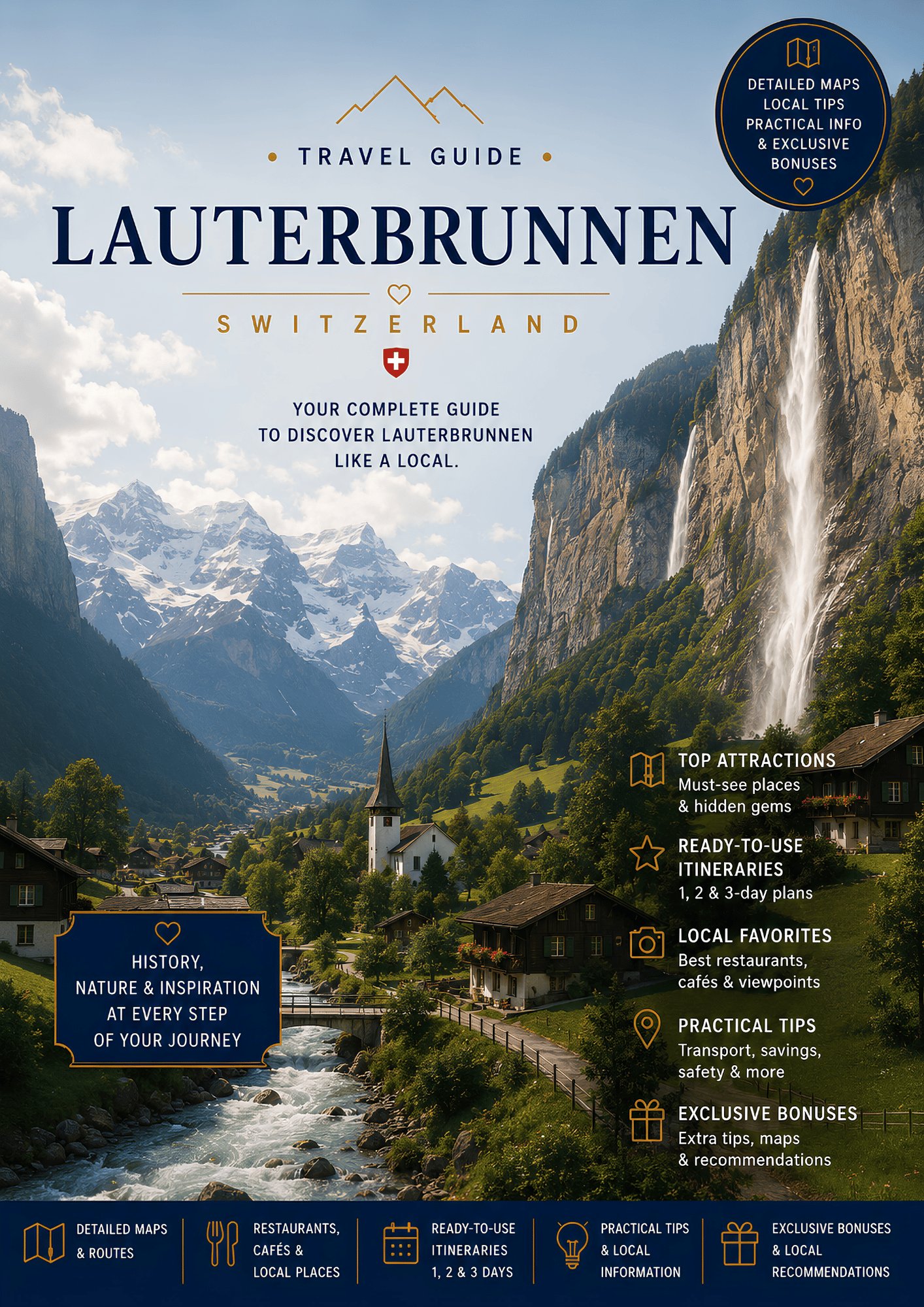 PDF travel guide cover for Lauterbrunnen, Switzerland featuring the alpine valley, waterfalls and top attractions