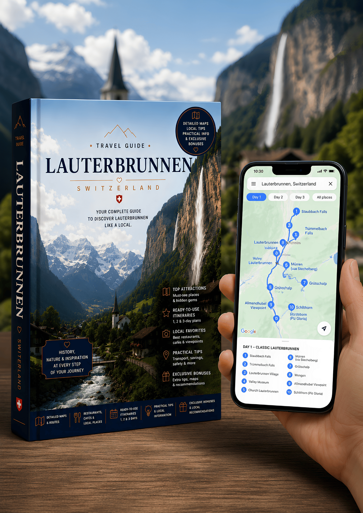 Interactive Lauterbrunnen travel guide with Google Maps on a smartphone