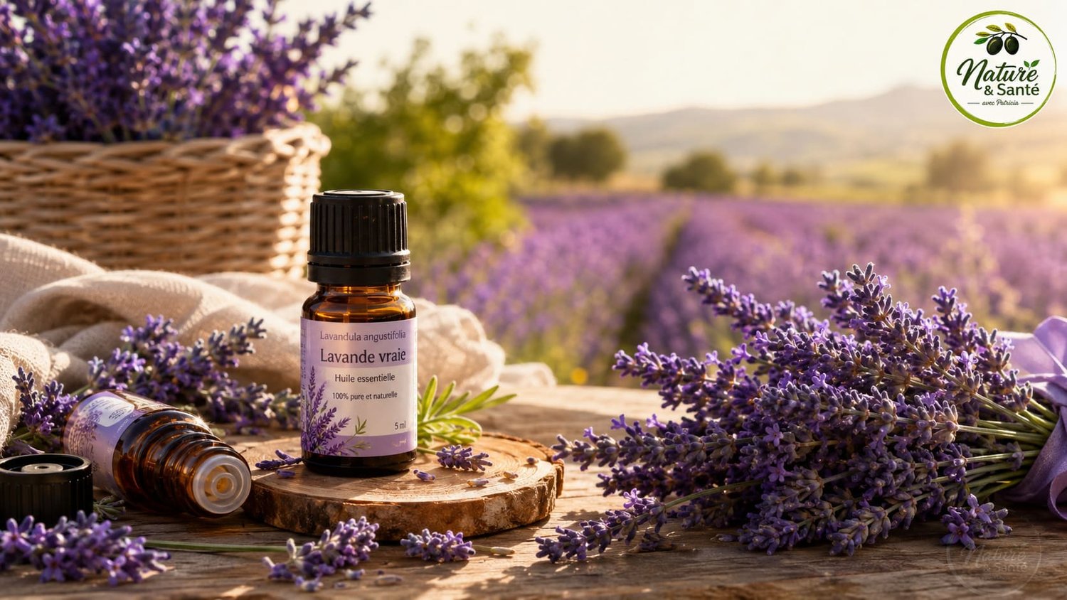 Champ de lavande en fleurs en Provence au coucher du soleil avec un flacon d'huile essentielle de Lavande vraie posé sur une table en bois, illustrant l'aromathérapie naturelle et le bien-être.