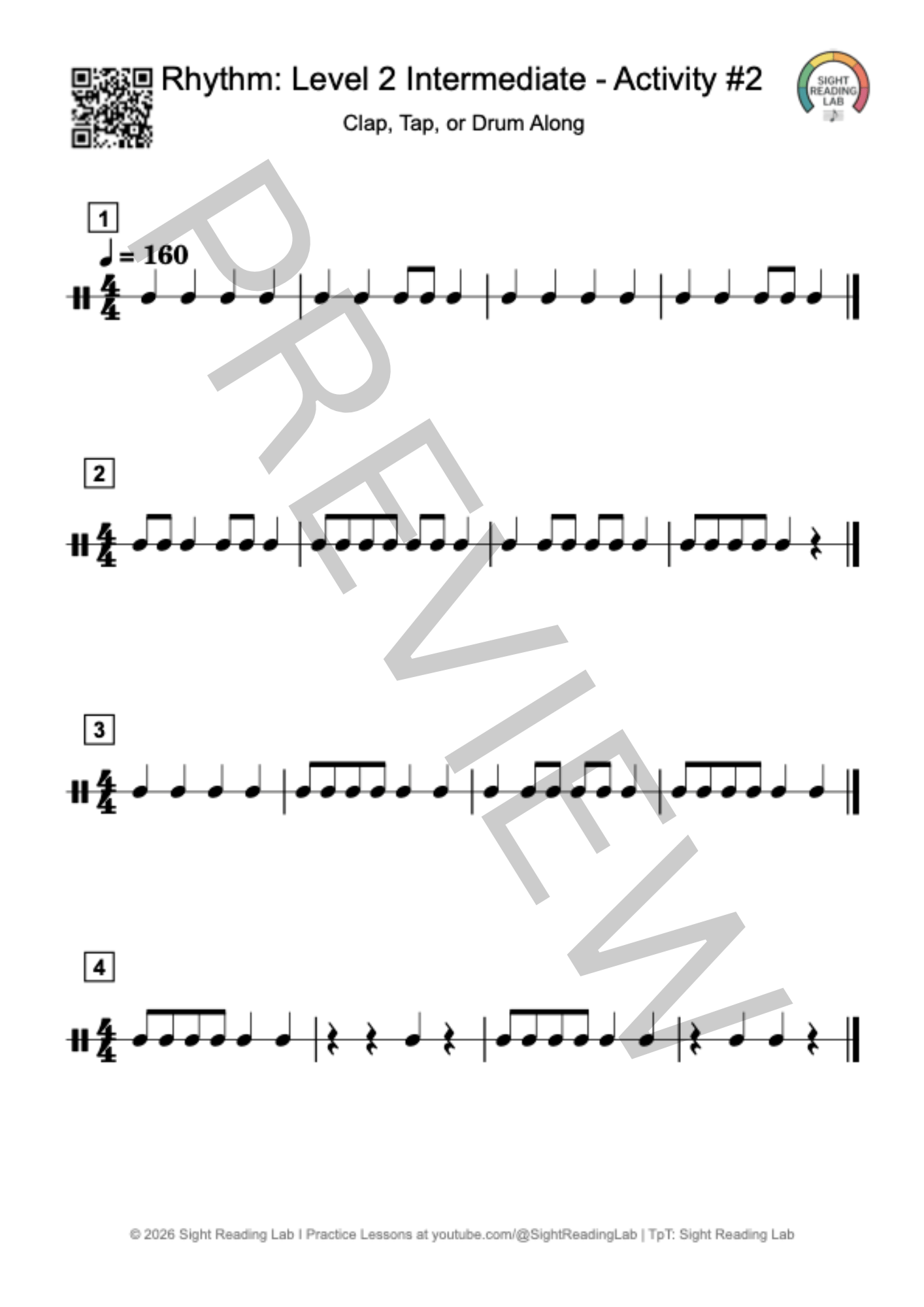 Printable PDF preview of Rhythm Sight Reading Level 2 Activity 2 sheet music displaying 7 numbered rhythm exercises with quarter notes, eighth notes, and quarter rests in 4/4 time