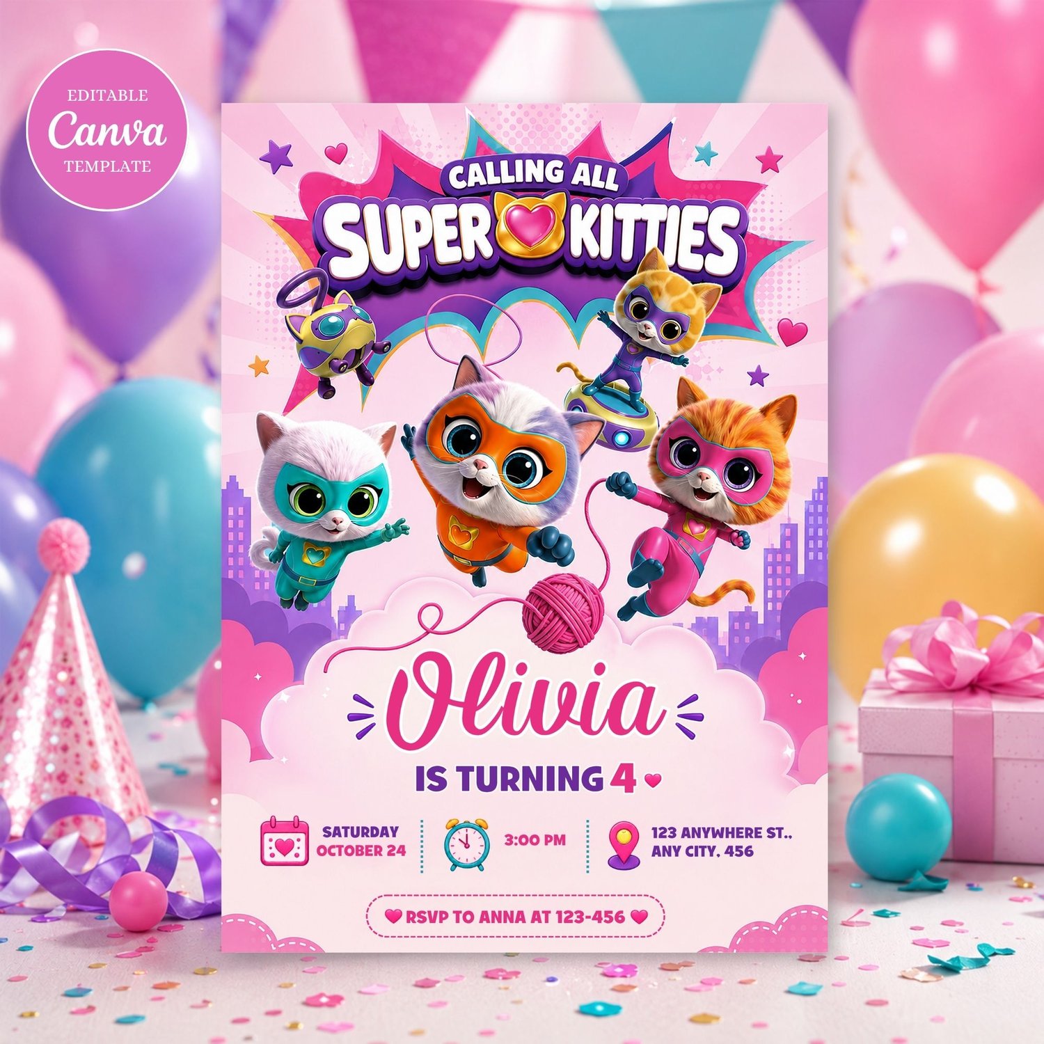 Super Kitties birthday invitation template editable Canva design for kids party