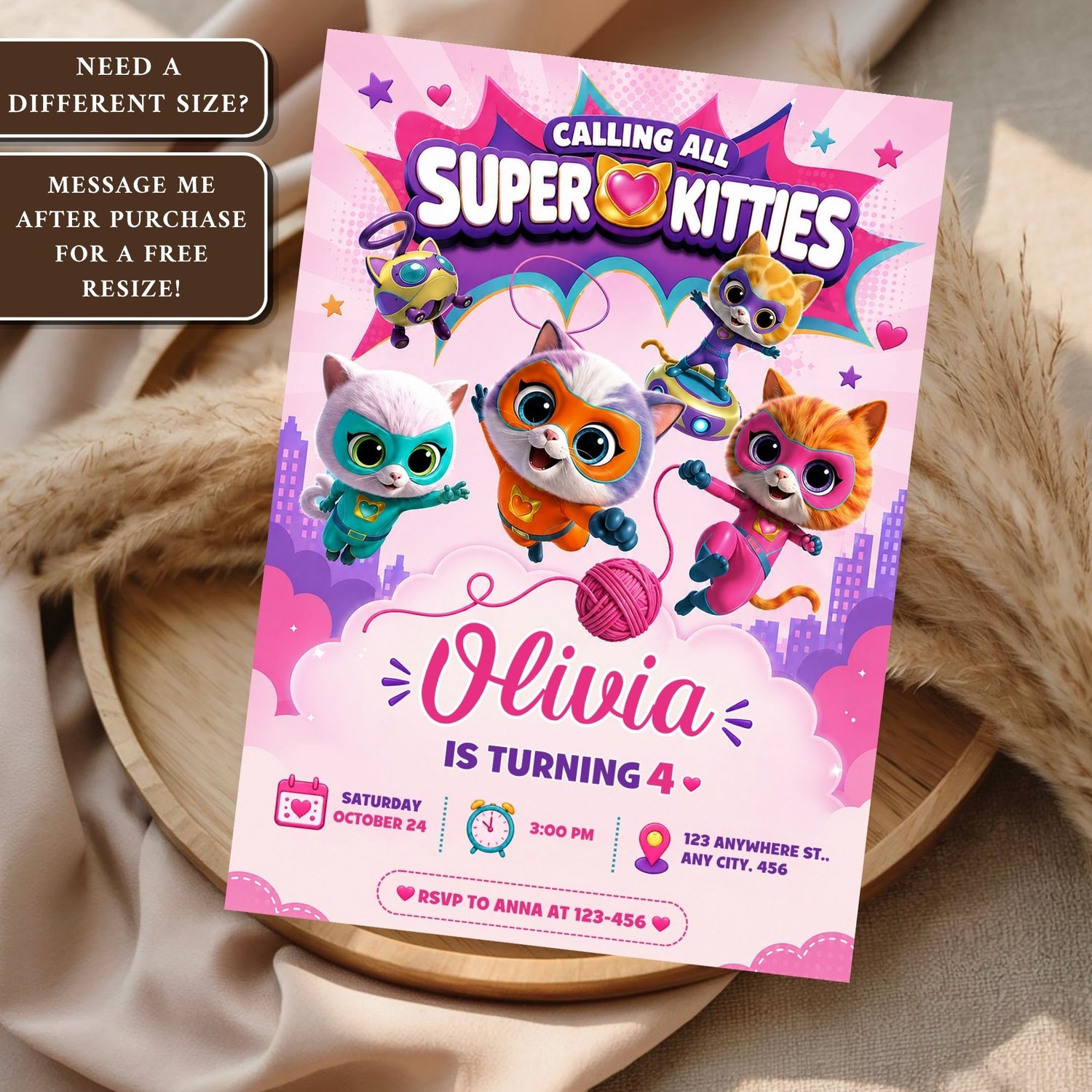 Editable Super Kitties birthday invitation Canva template instant digital download