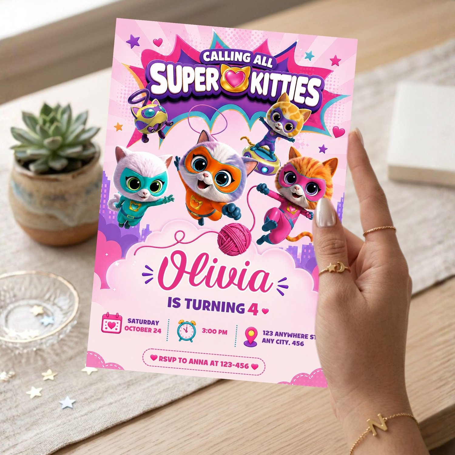 Personalized Super Kitties party invitation template with editable text