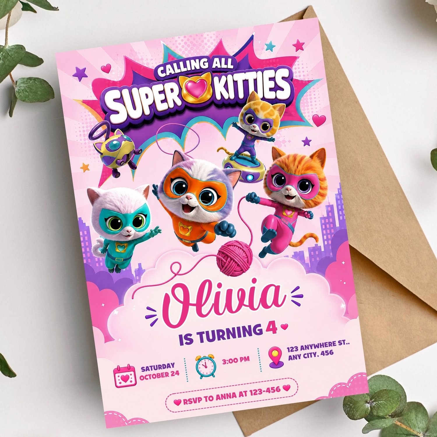 Printable Super Kitties birthday invite template for kids birthday party