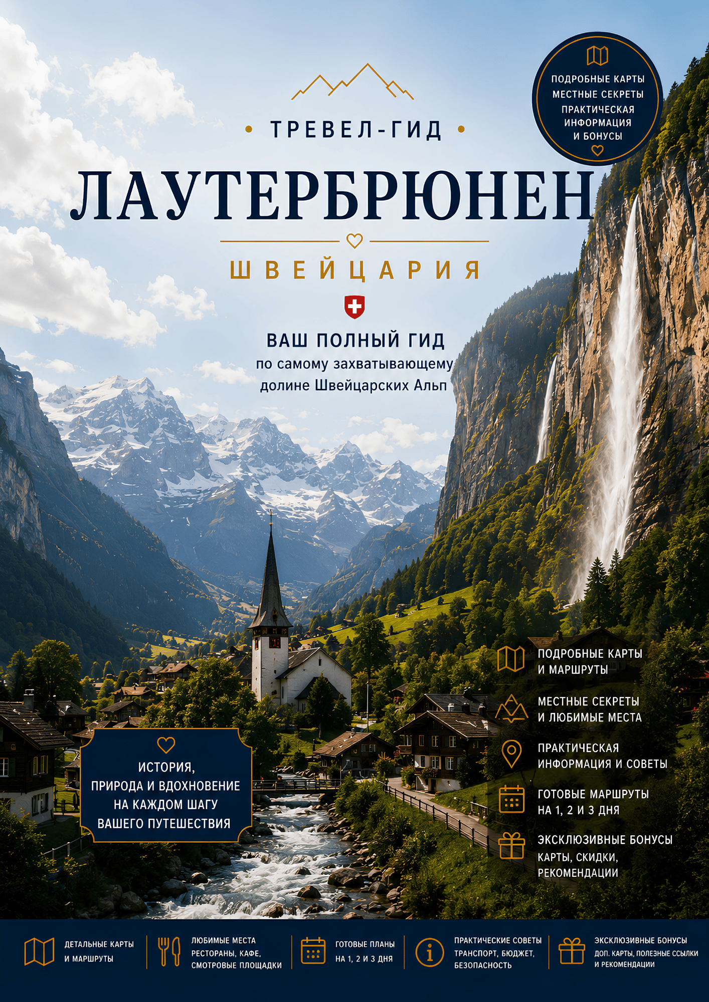 Обложка PDF-путеводителя по Лаутербруннену с альпийской долиной, водопадами и главными достопримечательностями