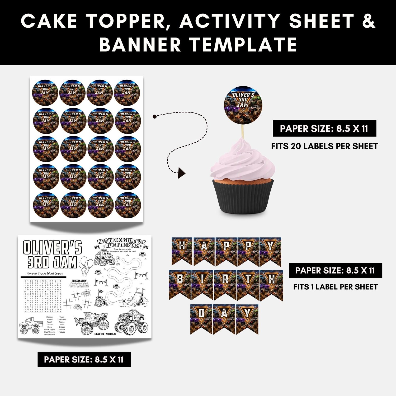 Monster Truck Party decorations printable set including birthday banner flags, cupcake toppers, and themed party decor.
