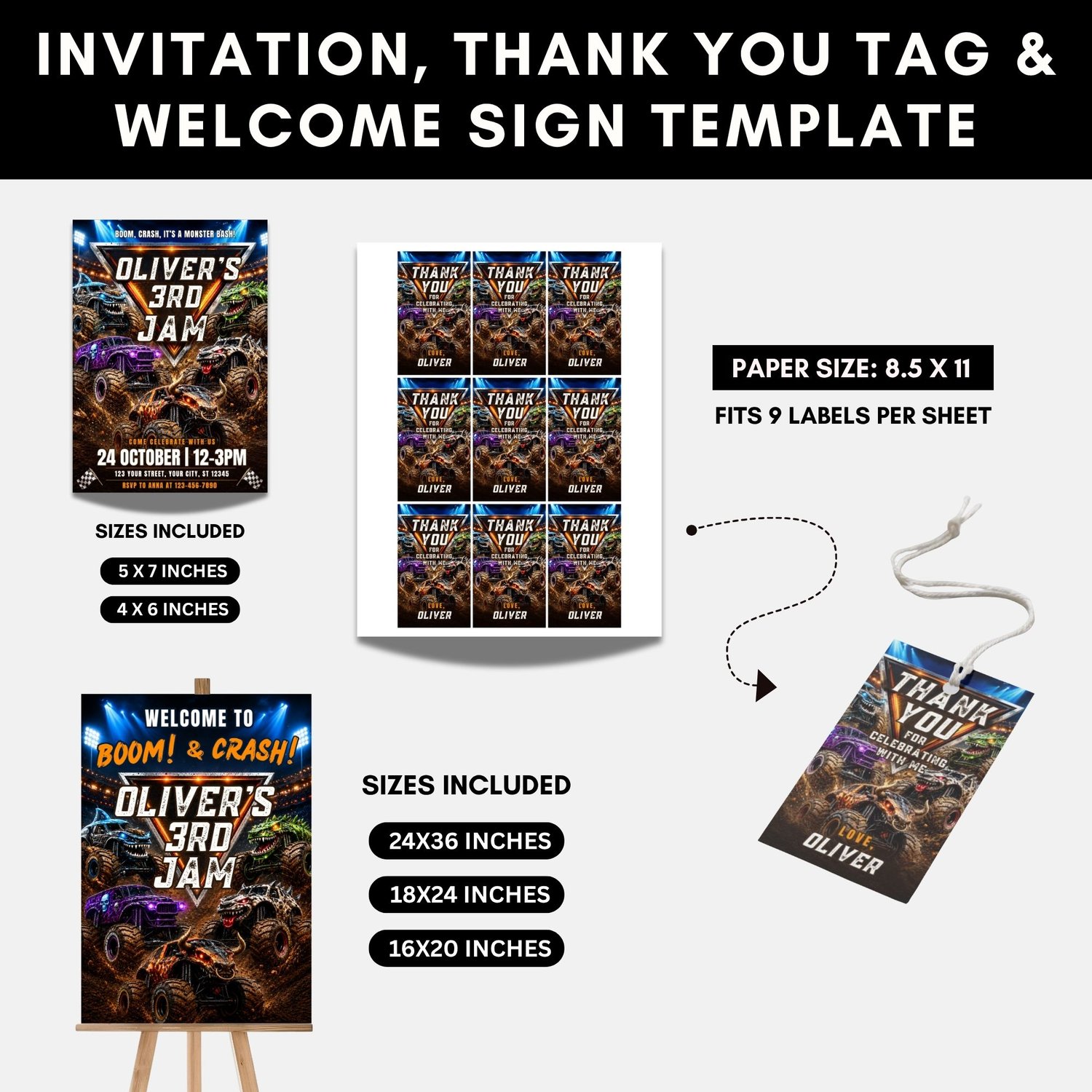 Printable Monster Truck Birthday Party invitation template and welcome sign design for kids birthday celebrations.