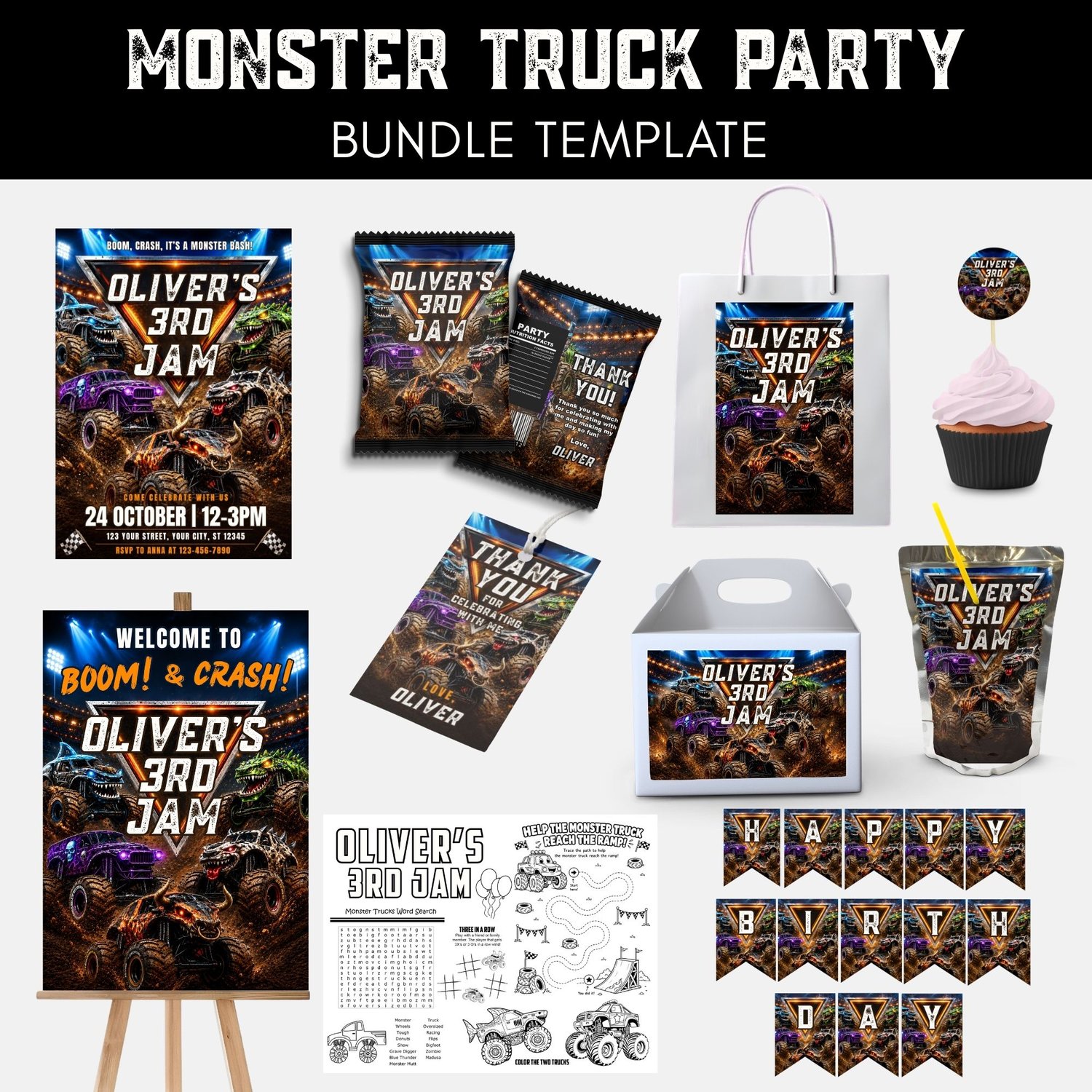 Monster Truck Birthday Party Printables Bundle Template featuring invitation, banner, favor bags, cupcake toppers, thank you tags, welcome sign, and party decorations.