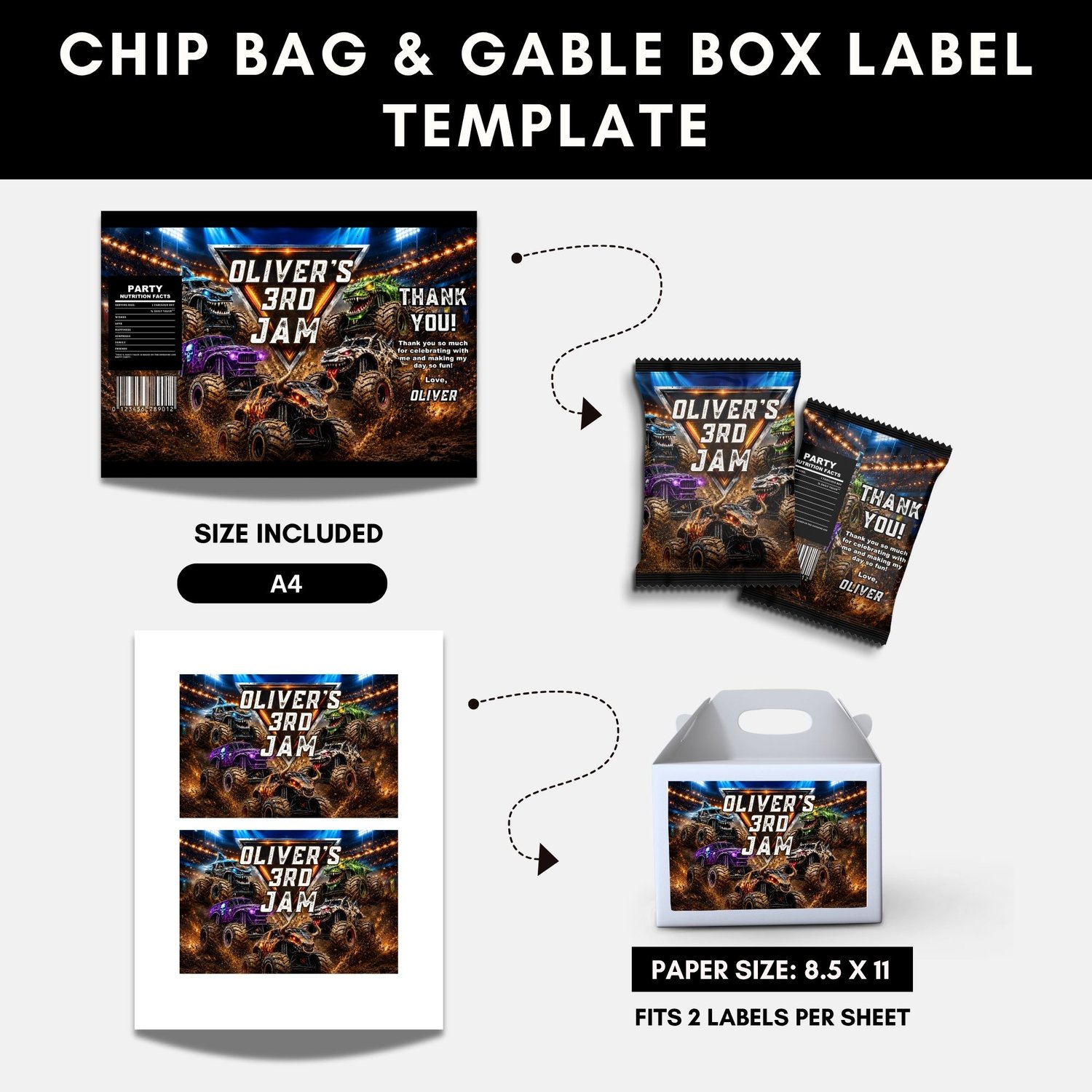 Monster Truck Birthday Party favor bag templates, thank you tags, juice pouch labels, activity sheets, and party games printables.
