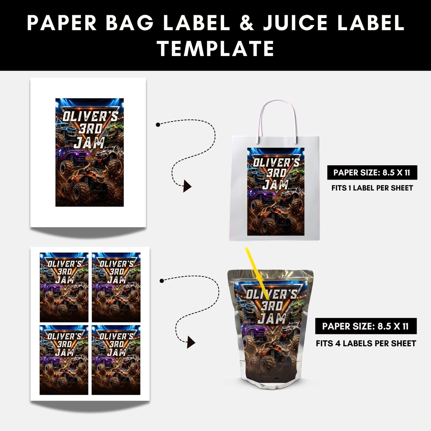Complete Monster Truck Birthday Party printable package featuring invitation, welcome sign, banner, cupcake toppers, favor bags, thank you tags, juice pouch labels, activity sheets, and party decorations for kids.