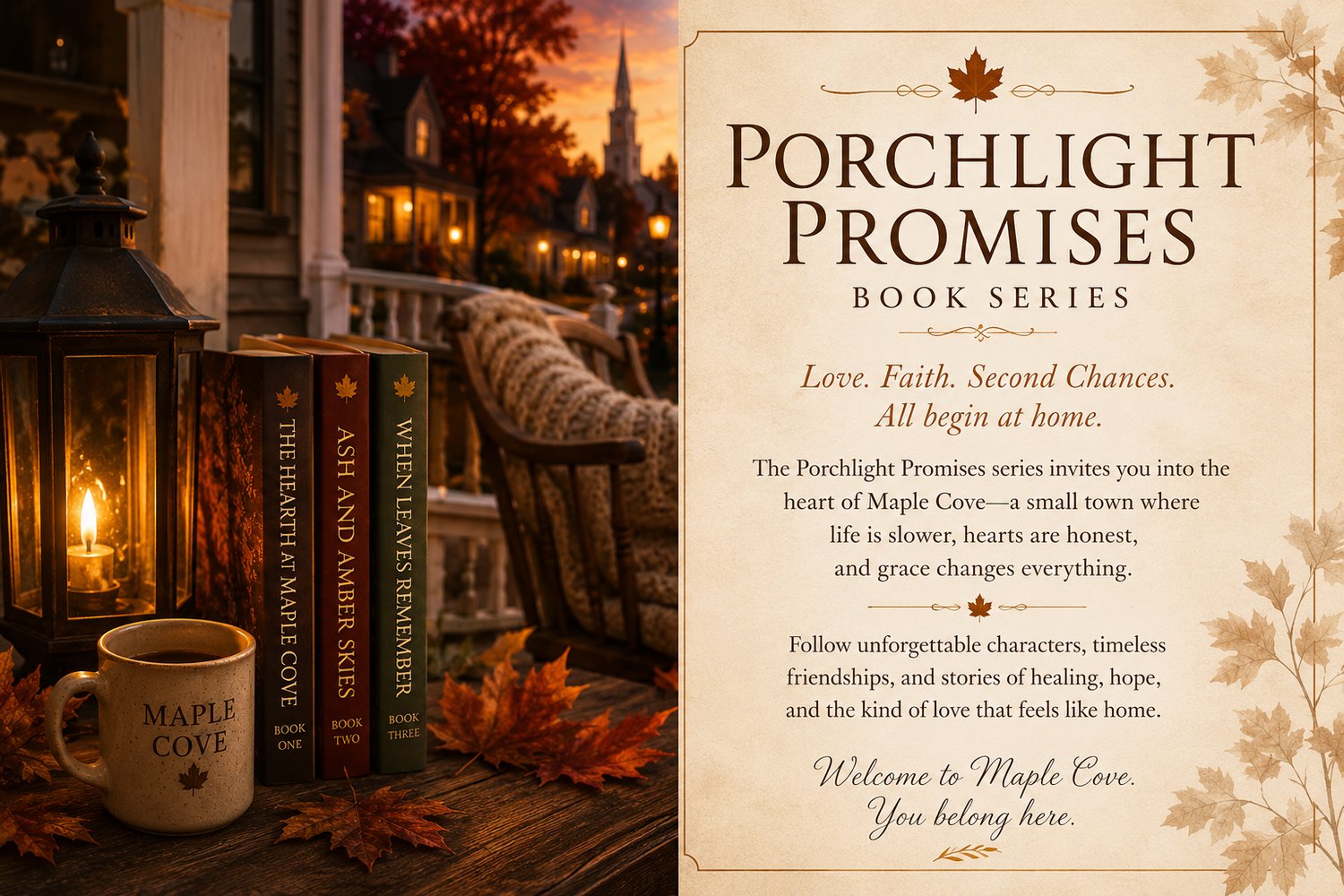 Porchlight Promises Book Series collection featuring cozy Christian fiction set in the small town of Maple Cove by Chisa Grace Barrett.