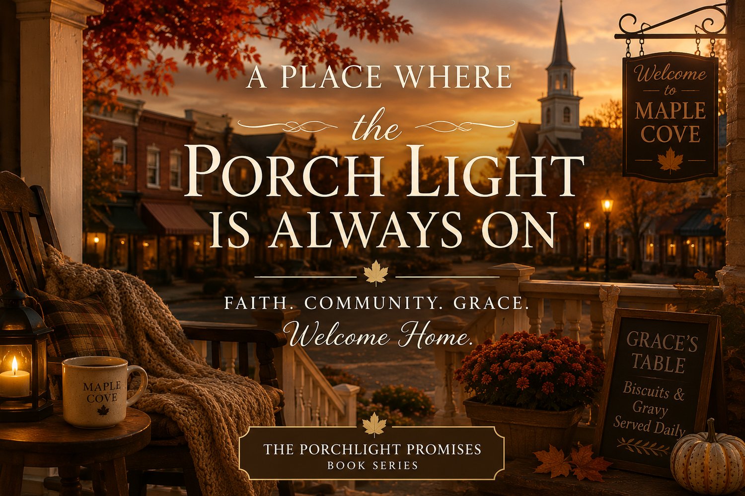 Autumn-inspired Maple Cove blog image featuring a cozy front porch, Main Street, Grace's Table, and the Porchlight Promises book series by Chisa Grace Barrett.