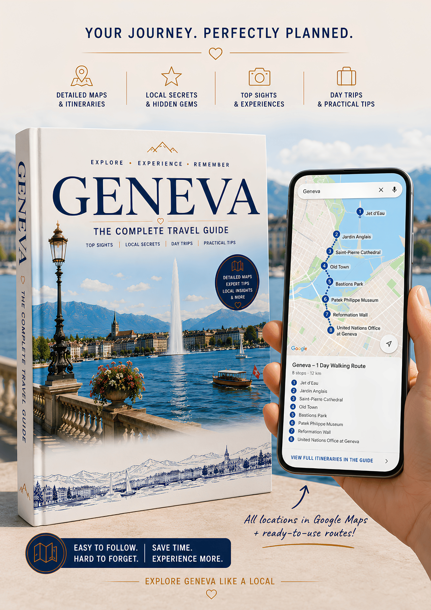 Interactive Geneva travel guide with Google Maps on a smartphone