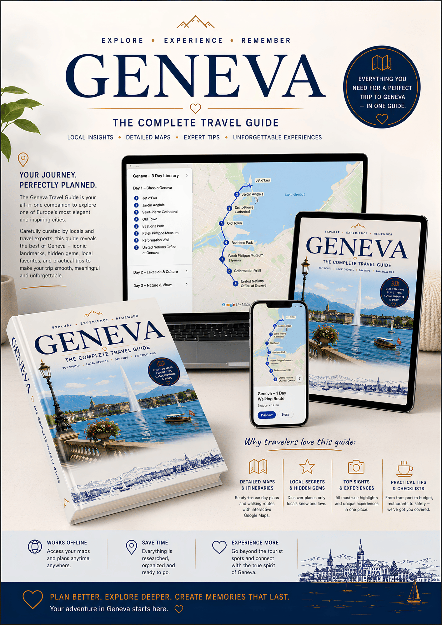 Geneva travel guide displayed on laptop, tablet, smartphone and PDF book