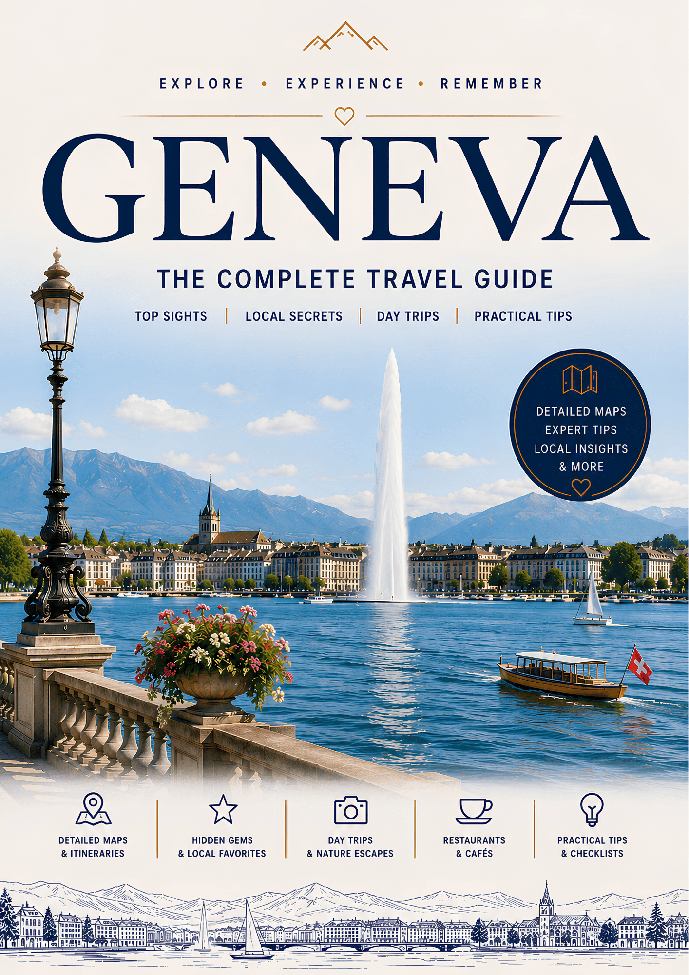 PDF travel guide cover for Geneva, Switzerland featuring Lake Geneva, Jet d’Eau fountain and the city’s top attractions