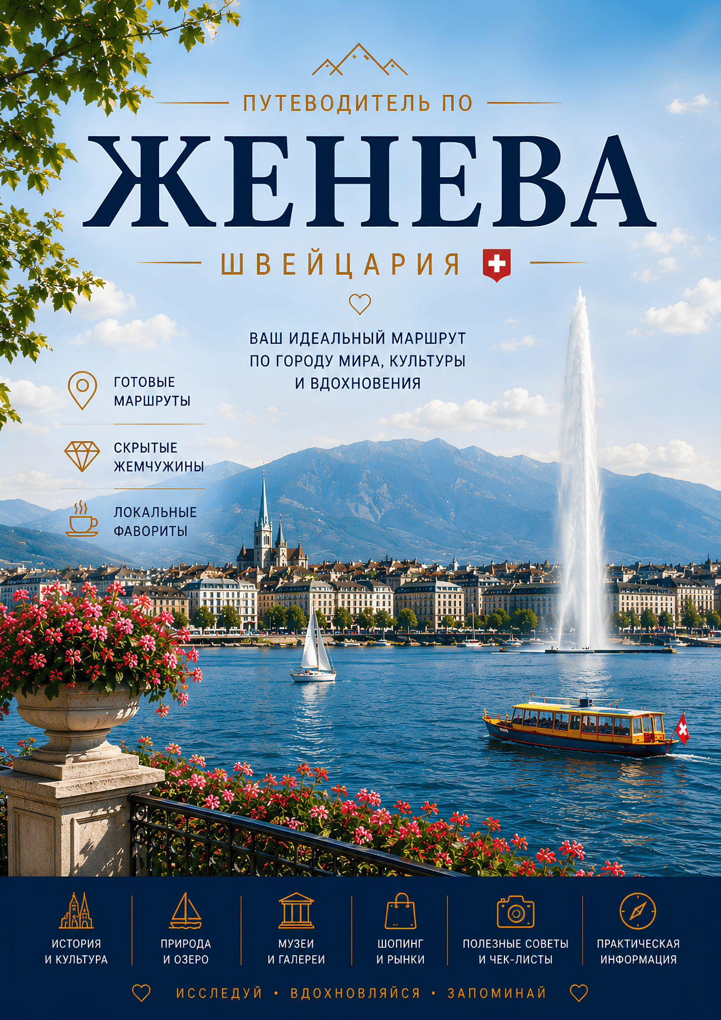 Обложка PDF-путеводителя по Женеве с Женевским озером, фонтаном Jet d’Eau и главными достопримечательностями