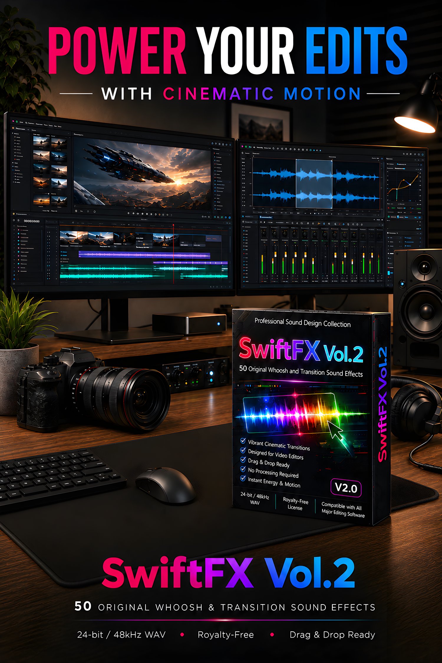 SwiftFX Vol. 2 is a collection of 50 original cinematic whoosh and transition sound effects, continuing and expanding on the SwiftFX Vol. 1 style with a broader range of motion, impact, and energy for your edits.