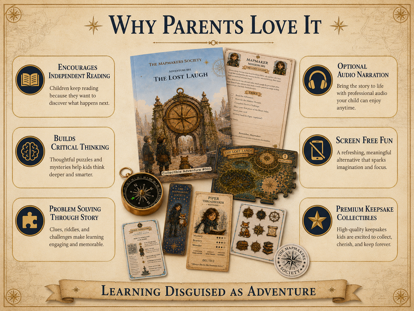 Educational infographic highlighting independent reading, critical thinking, problem solving, audio narration, screen-free play, and collectible keepsakes included with The Mapmakers Society.