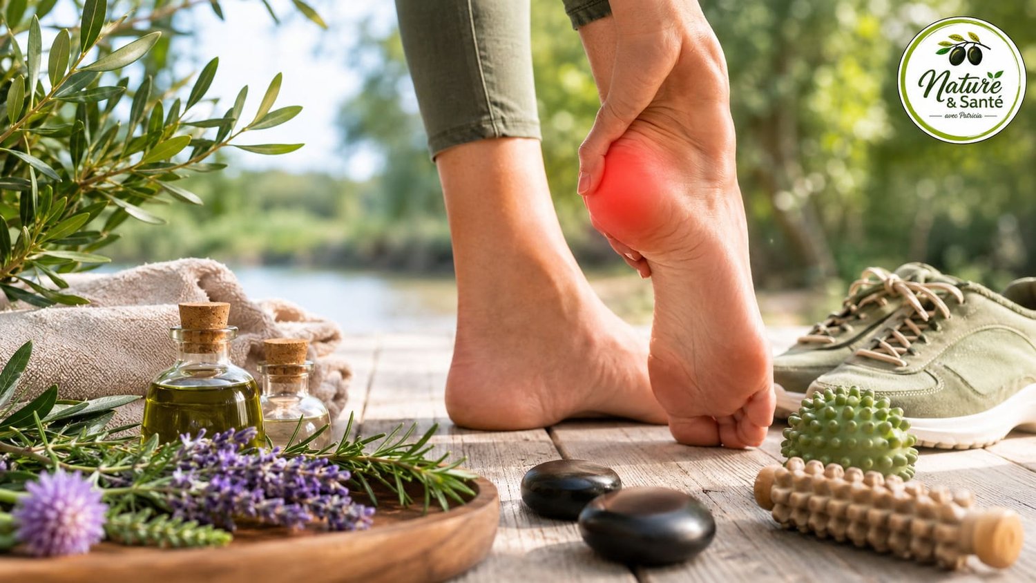 Personne souffrant d'une douleur au talon évoquant une épine calcanéenne, entourée d'éléments de santé naturelle comme des huiles végétales, des plantes et des accessoires de massage.