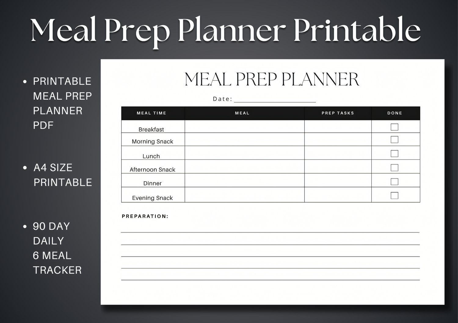 Meal Prep Planner Printable: A Printable Meal Prep Planner with 90, Minimalist Daily 6-Meal Tracking Sheets