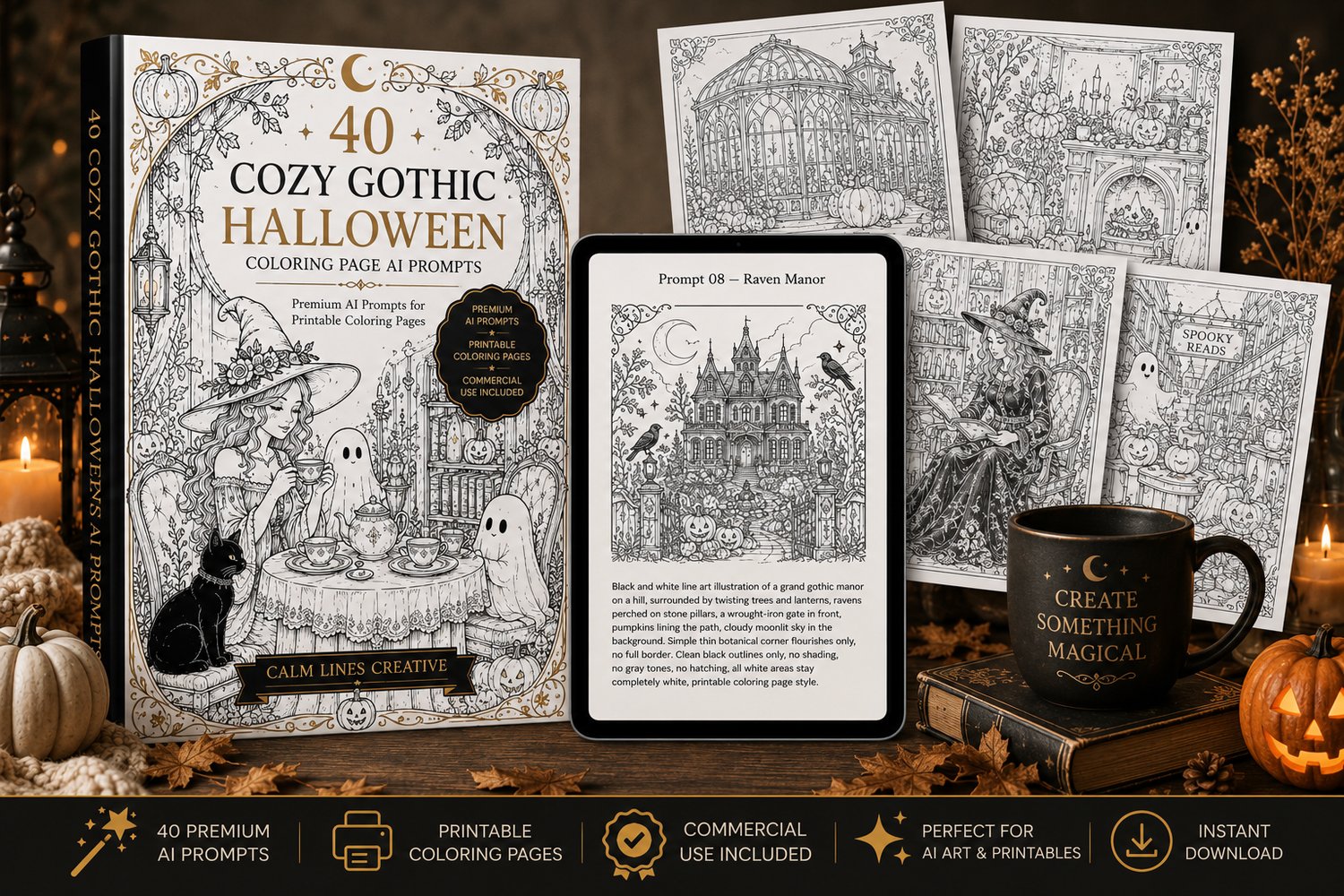 Mockup of 40 Cozy Gothic Halloween AI Coloring Page Prompts with printable coloring page examples and tablet preview.
