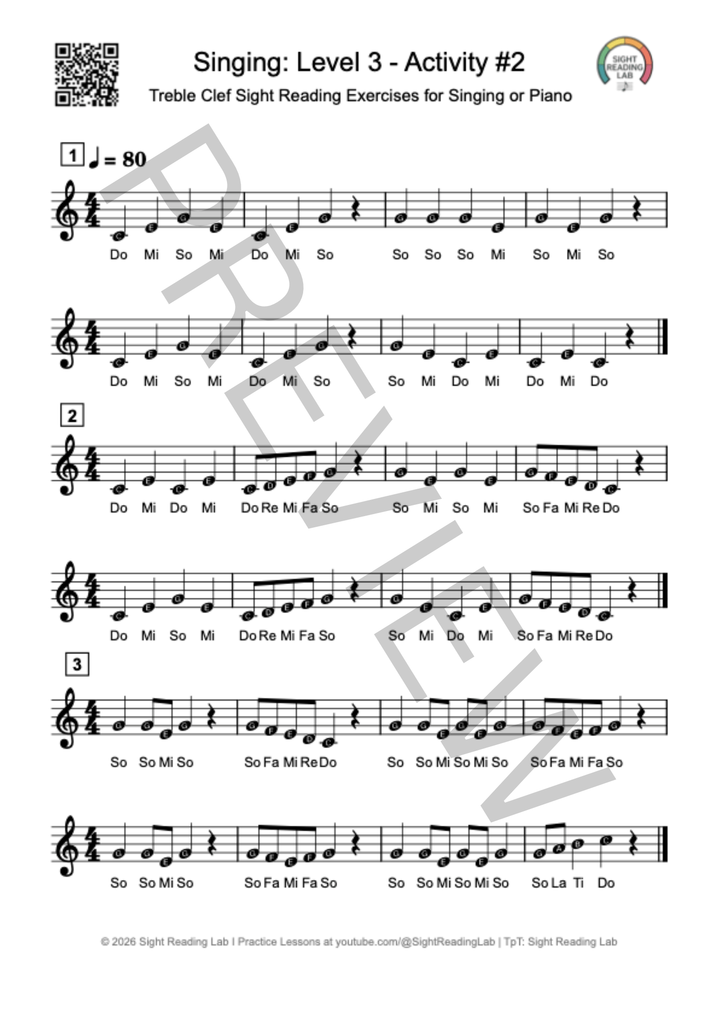 Sheet music sample preview for Sight Singing Level 3 Activity 2, displaying high-contrast treble clef notation in 4/4 time featuring C Major arpeggio exercises (Do-Mi-So-Do).