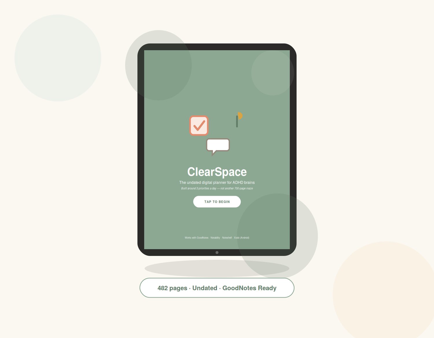 ClearSpace undated ADHD digital planner shown open on iPad in GoodNotes