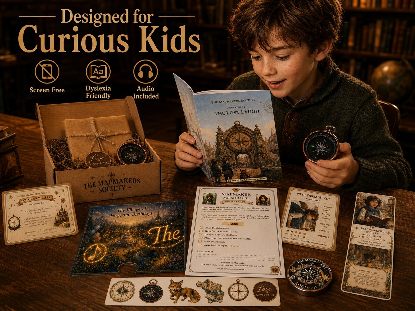 Free Mapmakers Society starter adventure for kids ages 7 to 14, featuring Piper, a blue bird, and Threadfox with a treasure map. The digital download includes a dyslexia friendly mystery story, audio narration, puzzles, clues, and printable collectibles.