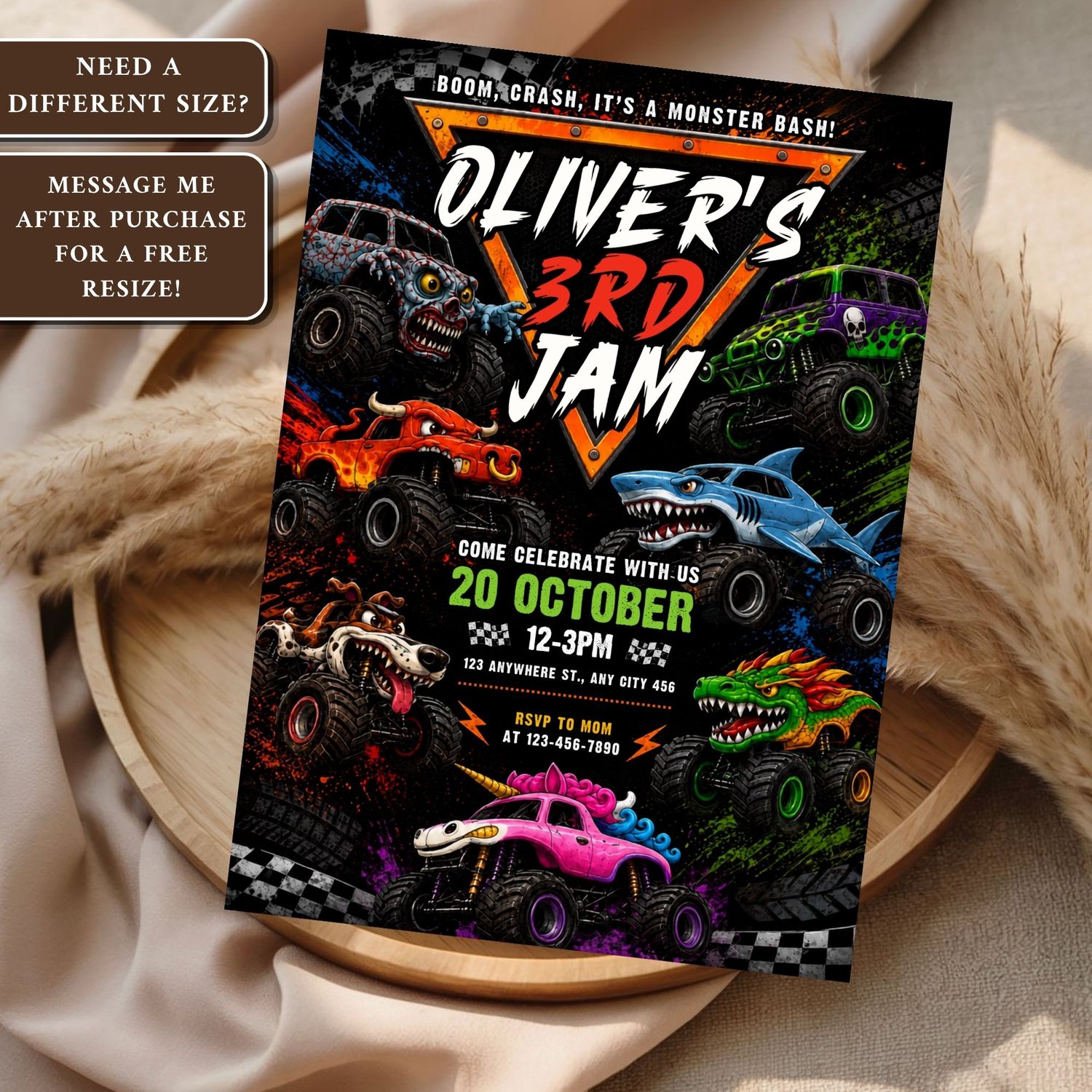 Monster truck birthday invitation editable Canva template showing customizable text, printable digital invitation with instant download.