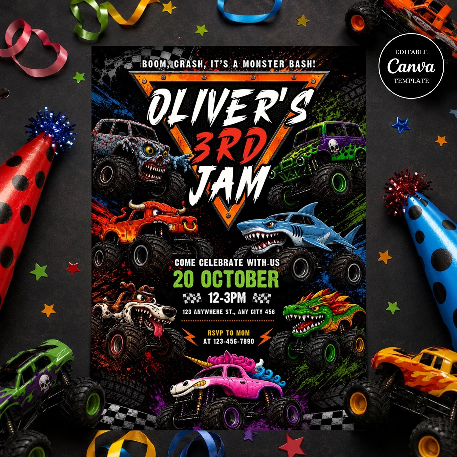 Editable Monster Jam birthday invitation template designed in Canva with a monster truck theme, printable digital party invite for kids birthday celebrations.