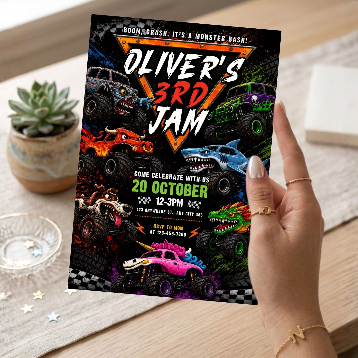 Printable Monster Jam party invitation template featuring a colorful monster truck birthday design, instant digital download for kids parties.