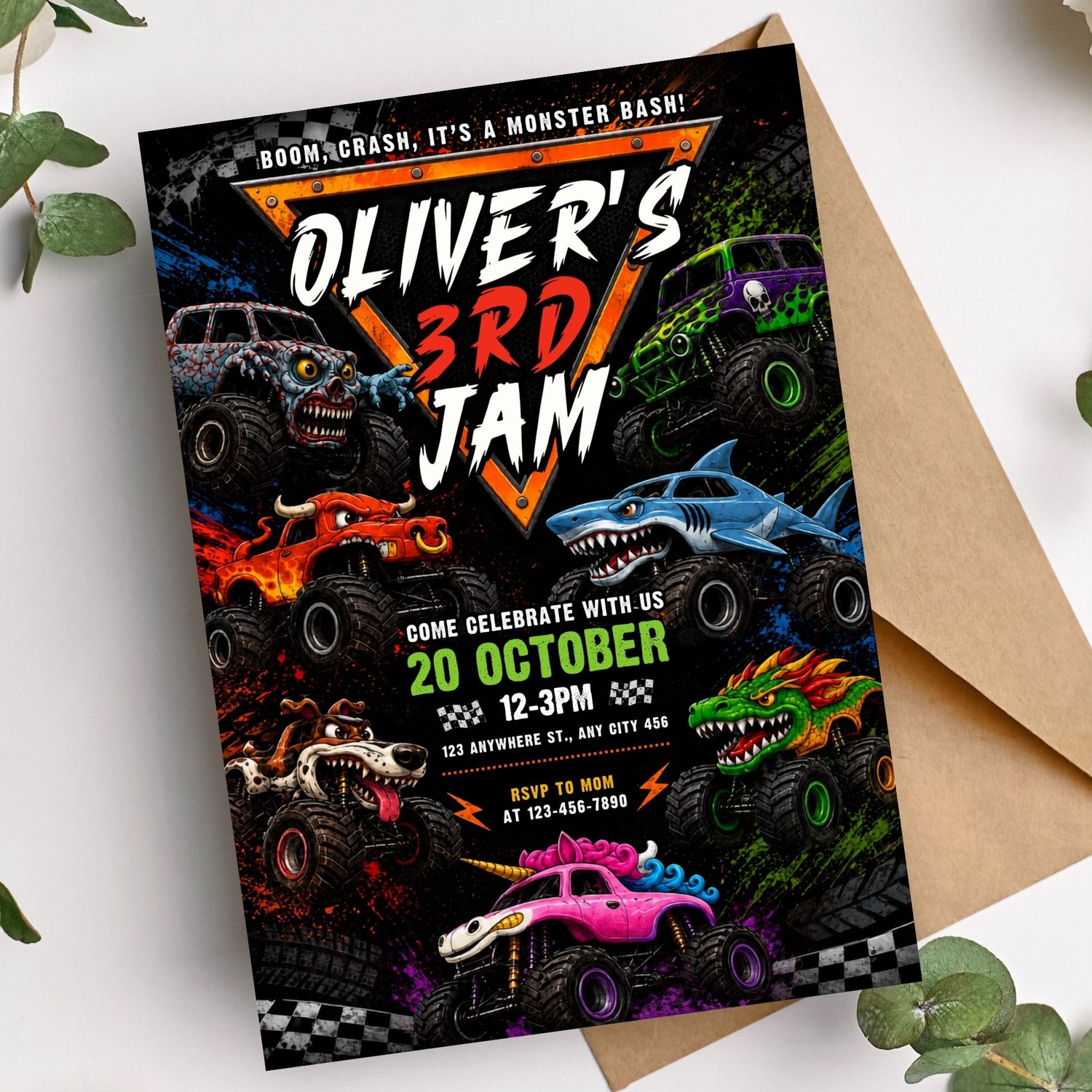 Kids Monster Truck birthday party invitation template displayed in a realistic mockup, editable Canva invitation for printable or digital use.