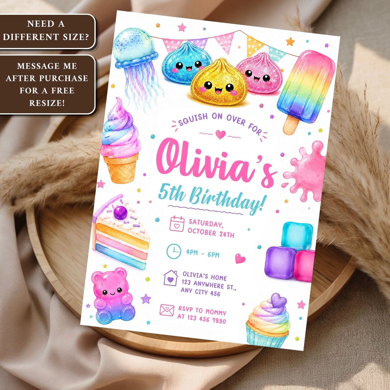 Personalized Squishy birthday party invitation editable in Canva featuring customizable party details, printable invitation template for kids.
