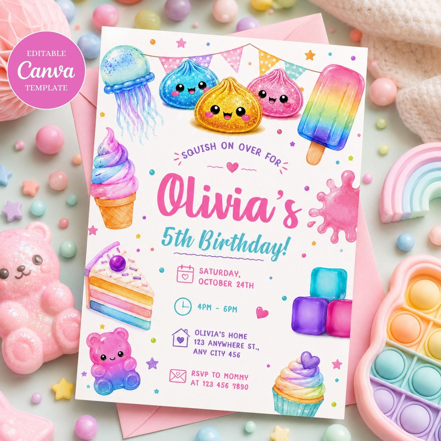 Editable Squishy Sensory Birthday Invitation Template designed in Canva with colorful neon theme for kids birthday party, printable digital download.