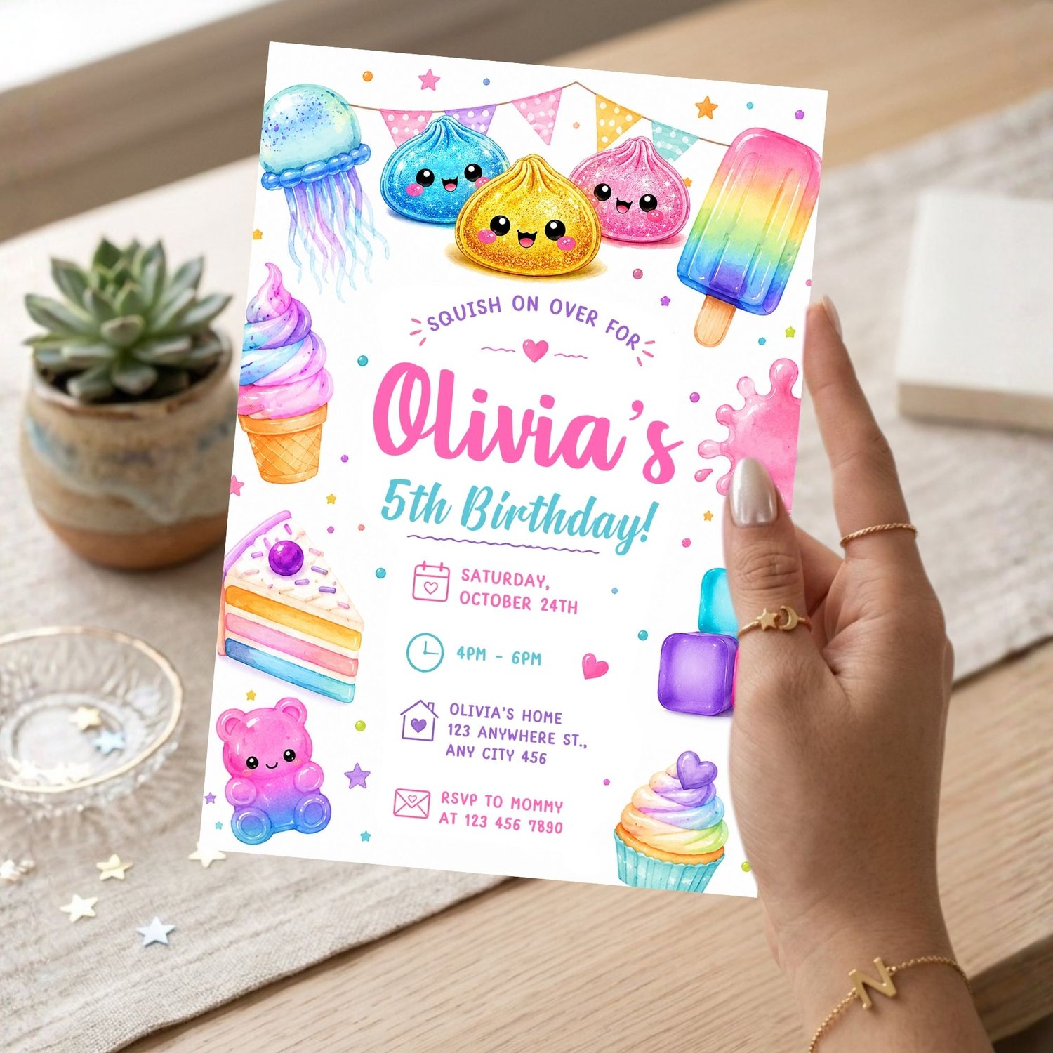 Colorful neon Squishy birthday invitation with playful sensory theme, printable party invite template for girls and kids birthday celebrations.