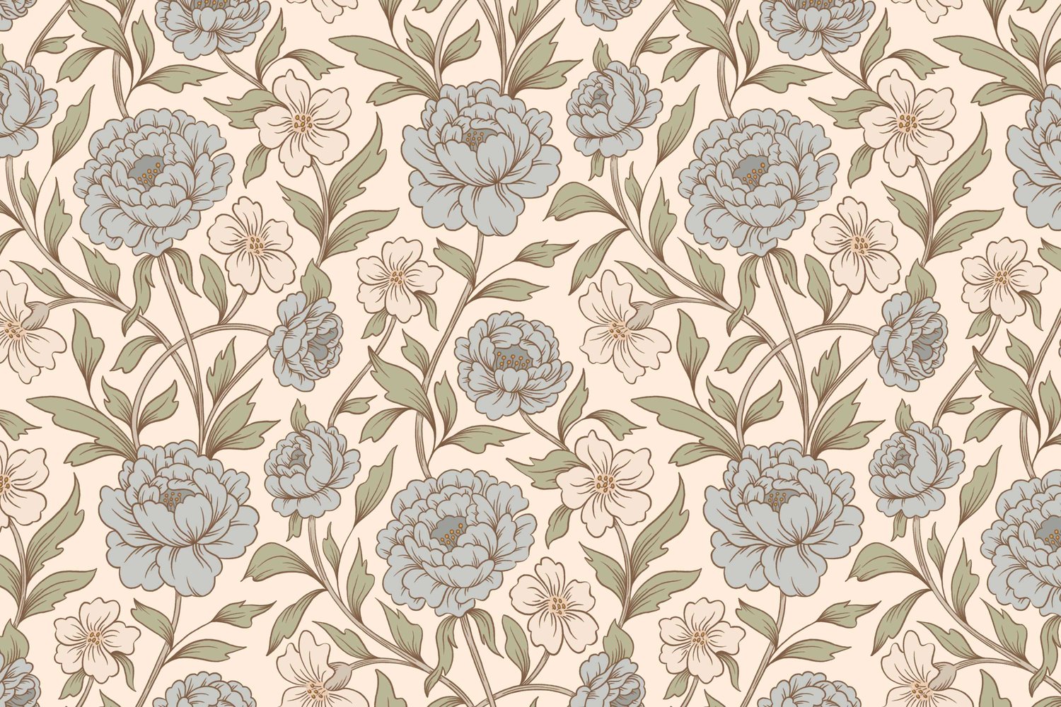Surface pattern design in tan and cream featuring birds and florals