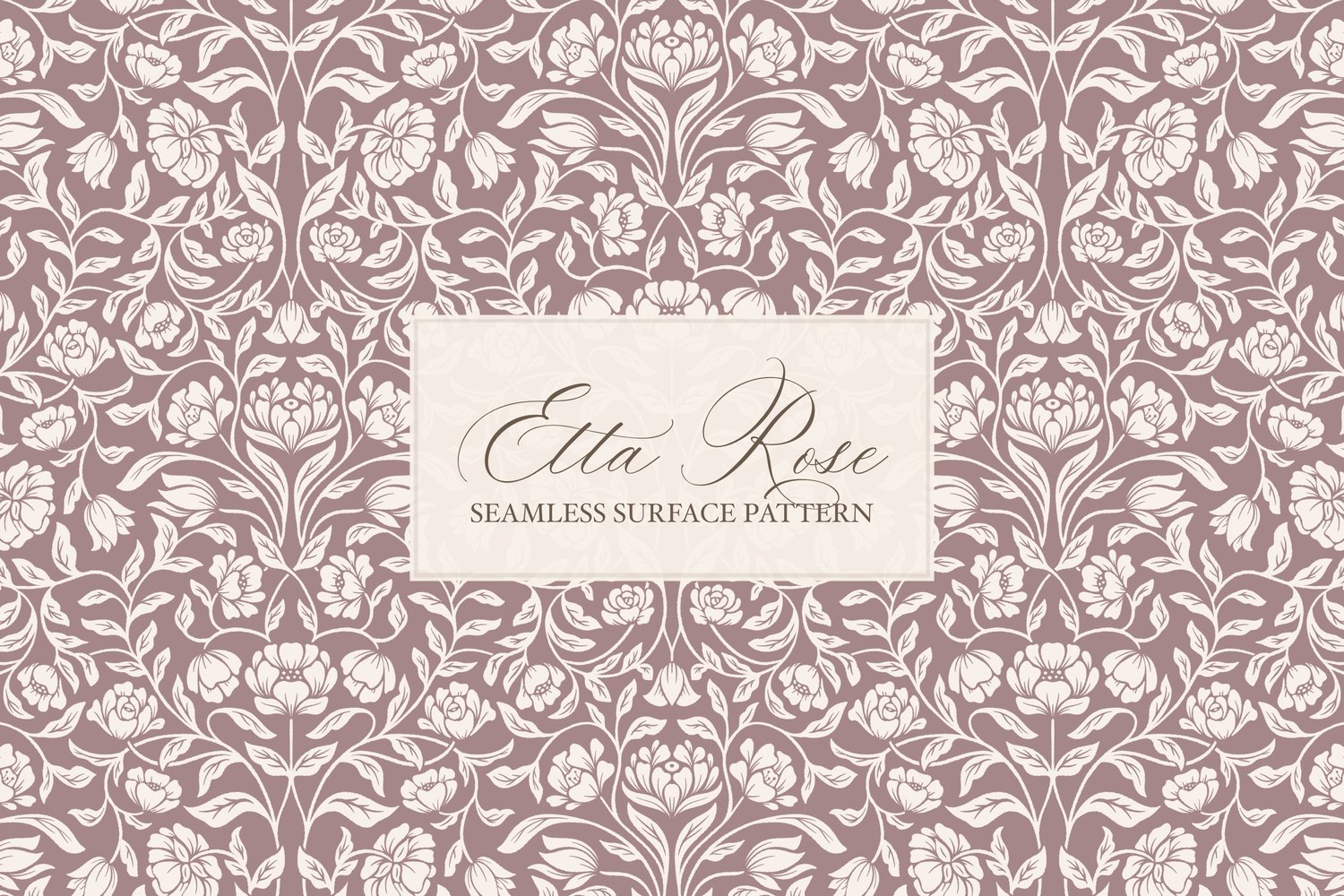 Vintage inspired hand drawn climbing rose damask in a woodblock style in mauve and cream.