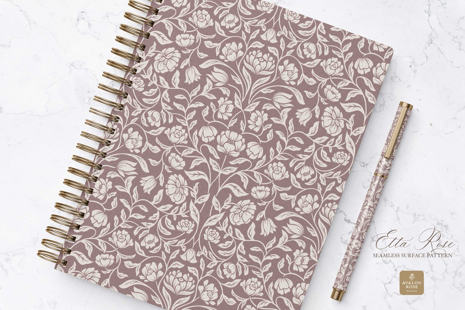 Vintage inspired hand drawn climbing rose damask in a woodblock style in mauve and cream on a notebook