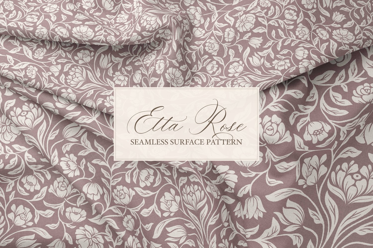 Vintage inspired hand drawn climbing rose damask in a woodblock style in mauve and cream on fabric
